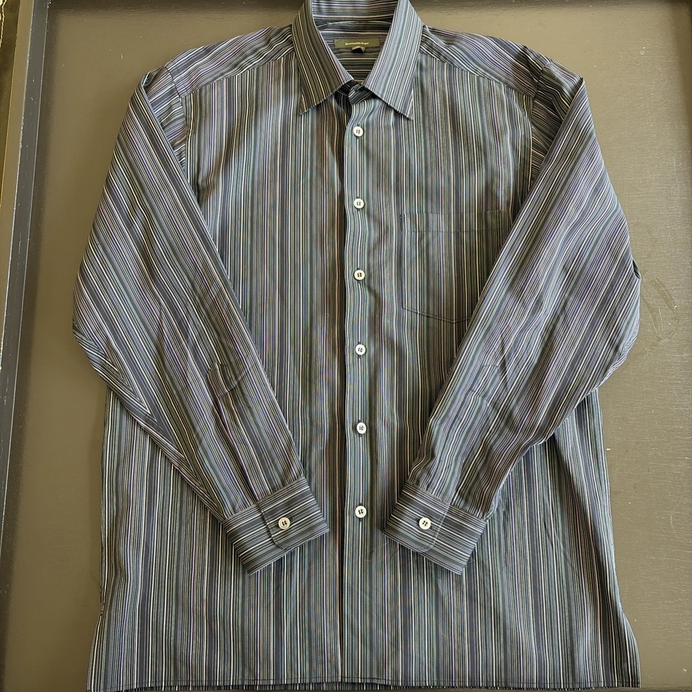 Ermenegildo Zegna Long Sleeve Dress Shirt Black Multicolored‎ Stripes Size L